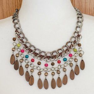 Boho Multicolor Beaded Bib Necklace with Faux Wood Bangles Retro Y2K NEW